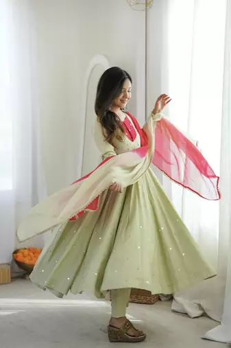 Pista Green Roman Silk Anarkali Gown with Real Sequence Work & Kota Dupatta 
