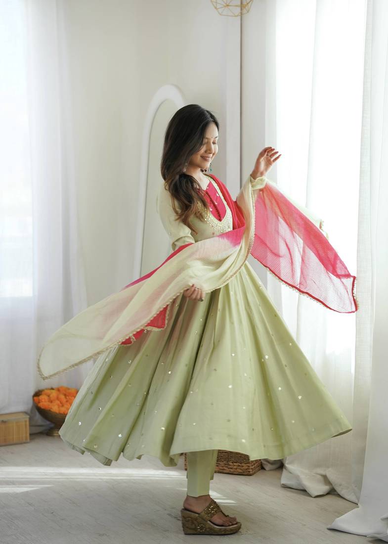 Pista Green Roman Silk Anarkali Gown with Real Sequence Work & Kota Dupatta 