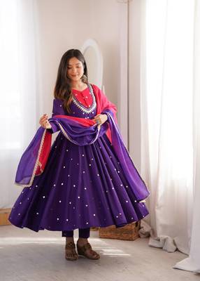 Purple Roman Silk Anarkali Gown with Real Sequence Work & Kota Dupatta  1