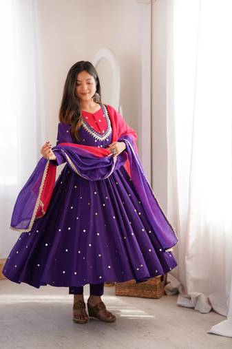 Purple Roman Silk Anarkali Gown with Real Sequence Work & Kota Dupatta 