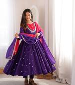 Purple Roman Silk Anarkali Gown with Real Sequence Work & Kota Dupatta 