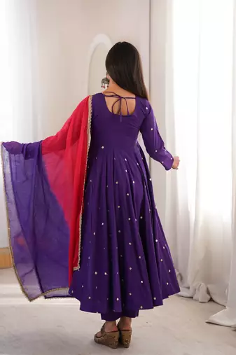 Purple Roman Silk Anarkali Gown with Real Sequence Work & Kota Dupatta 