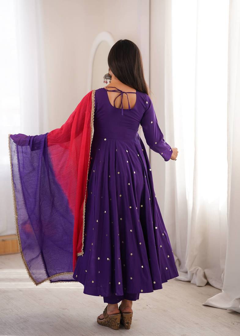 Purple Roman Silk Anarkali Gown with Real Sequence Work & Kota Dupatta 