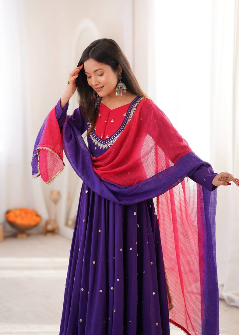 Purple Roman Silk Anarkali Gown with Real Sequence Work & Kota Dupatta 