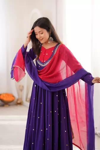Purple Roman Silk Anarkali Gown with Real Sequence Work & Kota Dupatta 