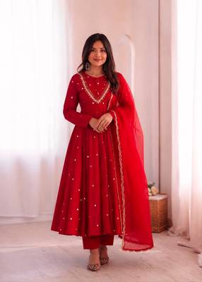 Red Roman Silk Anarkali Gown with Real Sequence Work & Kota Dupatta  1