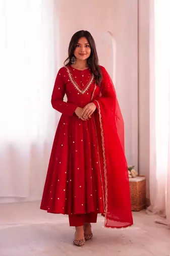Red Roman Silk Anarkali Gown with Real Sequence Work & Kota Dupatta 