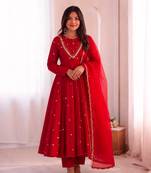 Red Roman Silk Anarkali Gown with Real Sequence Work & Kota Dupatta 
