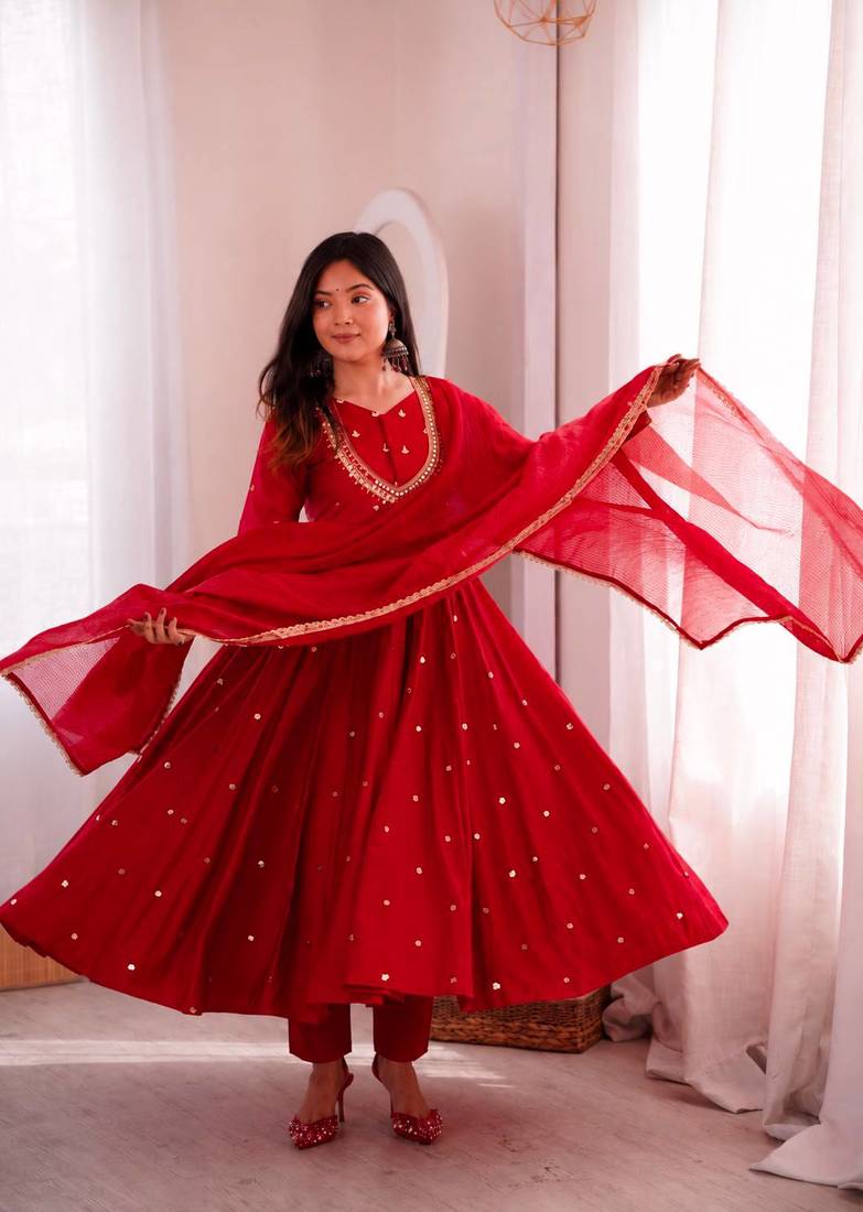 Red Roman Silk Anarkali Gown with Real Sequence Work & Kota Dupatta 