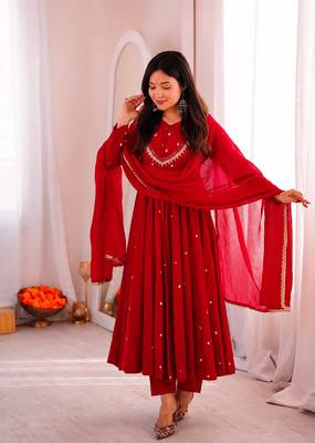 Red Roman Silk Anarkali Gown with Real Sequence Work & Kota Dupatta  3