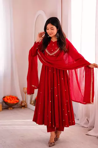 Red Roman Silk Anarkali Gown with Real Sequence Work & Kota Dupatta 