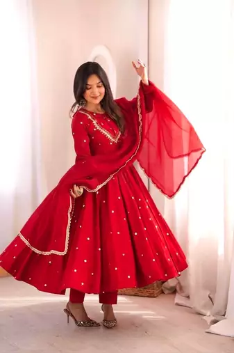 Red Roman Silk Anarkali Gown with Real Sequence Work & Kota Dupatta 