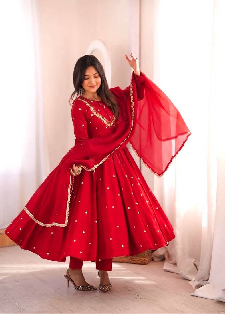 Red Roman Silk Anarkali Gown with Real Sequence Work & Kota Dupatta 