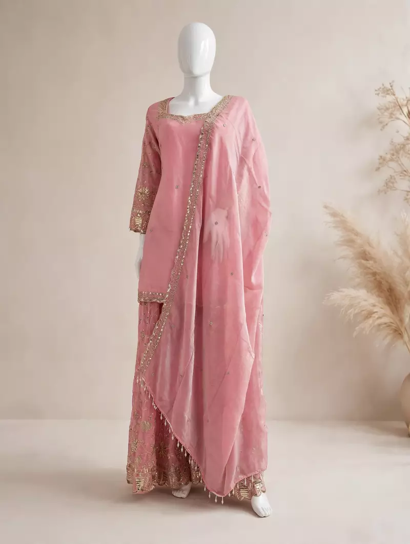 Baby pink embroidery Blend Tissue sharara 