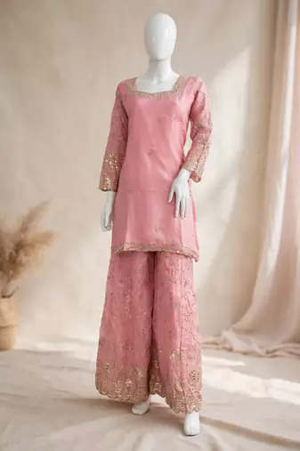 Baby pink embroidery Blend Tissue sharara 