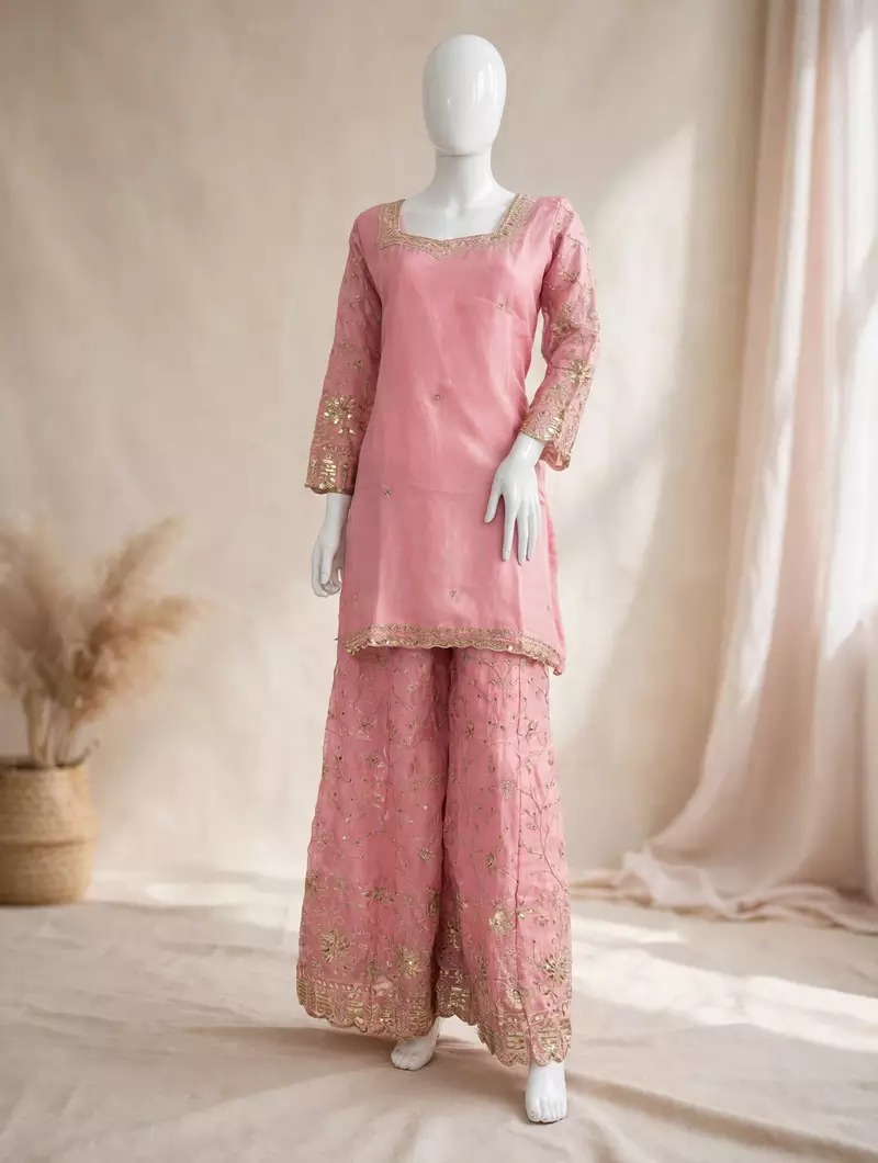Baby pink embroidery Blend Tissue sharara 