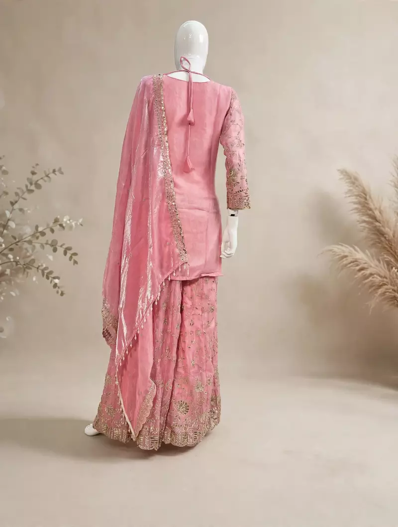 Baby pink embroidery Blend Tissue sharara 