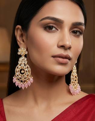 floral kundan chandelier earrings with pastel pink drops 6