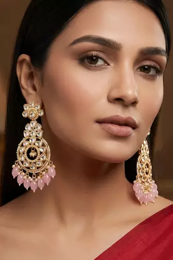 floral kundan chandelier earrings with pastel pink drops