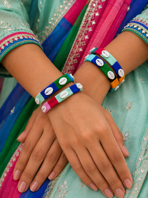  multicolour thread-wrapped cowrie shell bangle set 2