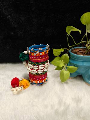  handcrafted multicolour navratri thread bangle set with cowrie shells & pom-poms 3