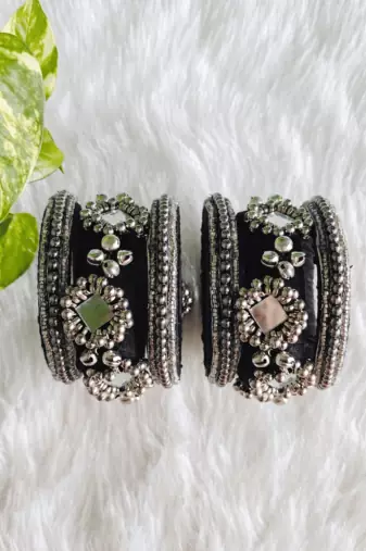  handcrafted black & silver mirror ghungroo statement bangle (set of 6)