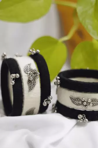  handcrafted monochrome thread & oxidized silver leaf bangle (set of 6)