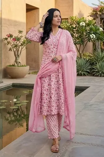 Jaipuri Floral Cotton Flared Sleeve Lace Detailed Kurta with Trouser & Dupatta