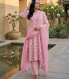 Jaipuri Floral Cotton Flared Sleeve Lace Detailed Kurta with Trouser & Dupatta