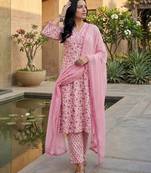 Jaipuri Floral Cotton Flared Sleeve Lace Detailed Kurta with Trouser & Dupatta