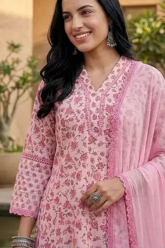 Jaipuri Floral Cotton Flared Sleeve Lace Detailed Kurta with Trouser & Dupatta