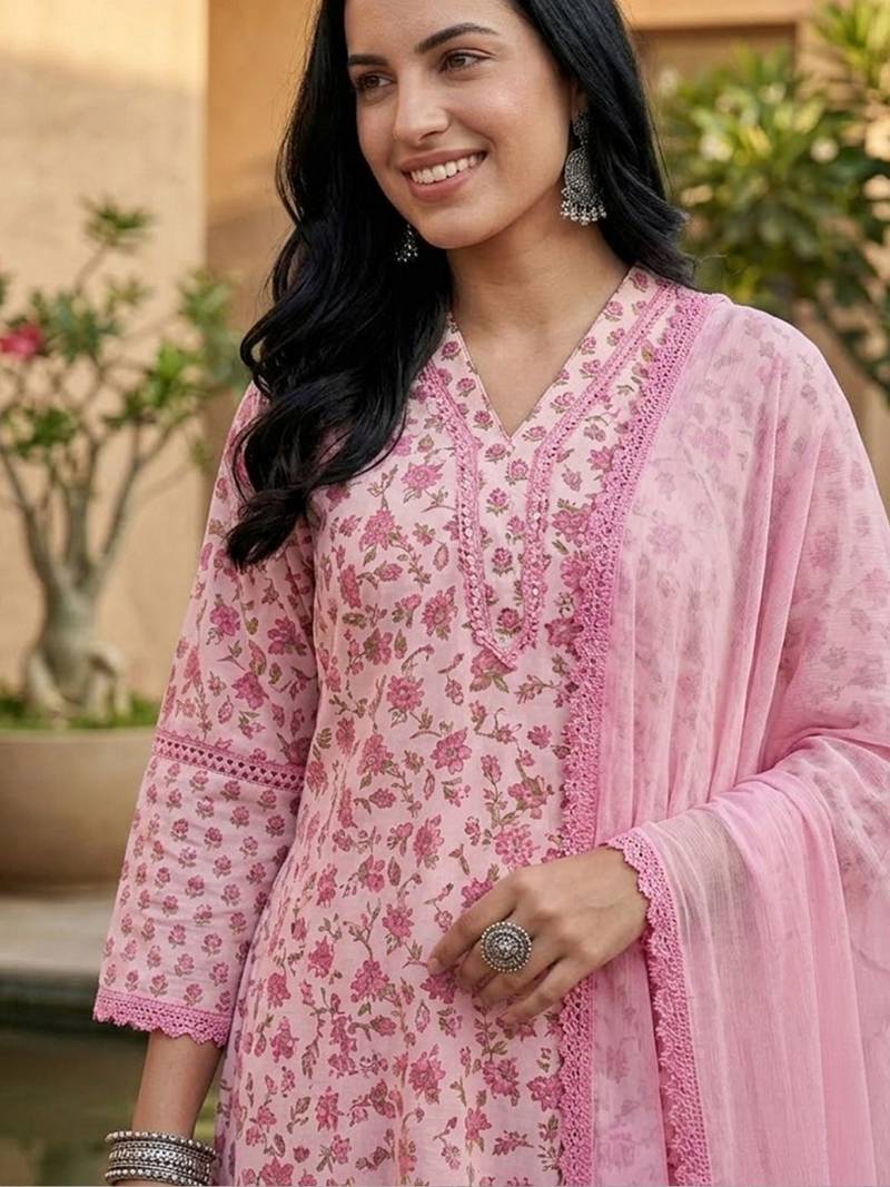 Jaipuri Floral Cotton Flared Sleeve Lace Detailed Kurta with Trouser & Dupatta