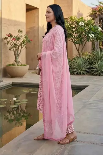 Jaipuri Floral Cotton Flared Sleeve Lace Detailed Kurta with Trouser & Dupatta
