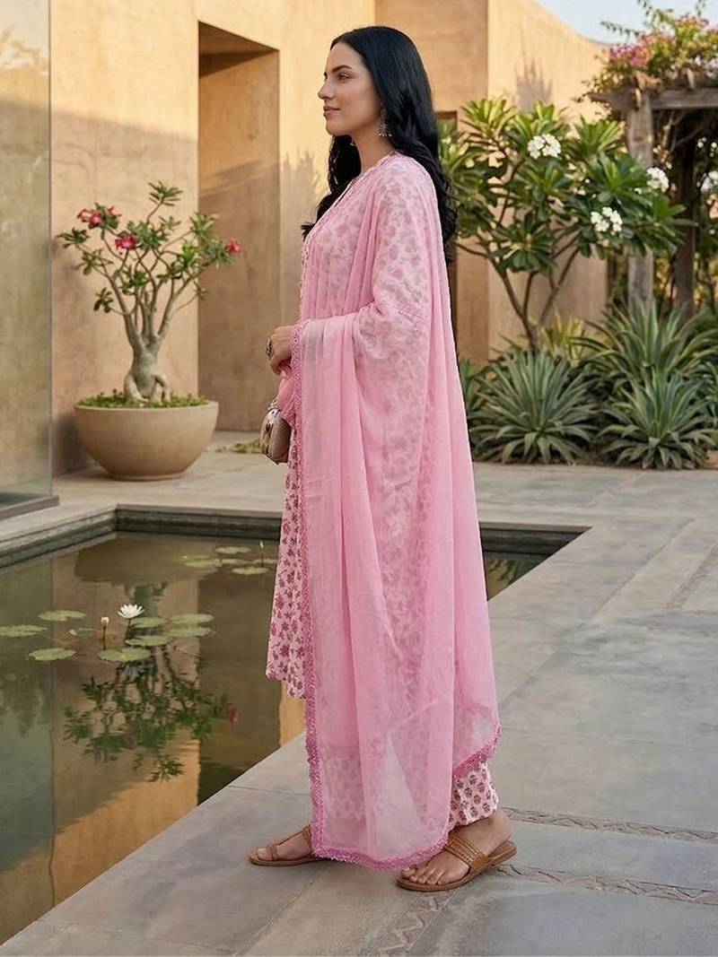 Jaipuri Floral Cotton Flared Sleeve Lace Detailed Kurta with Trouser & Dupatta