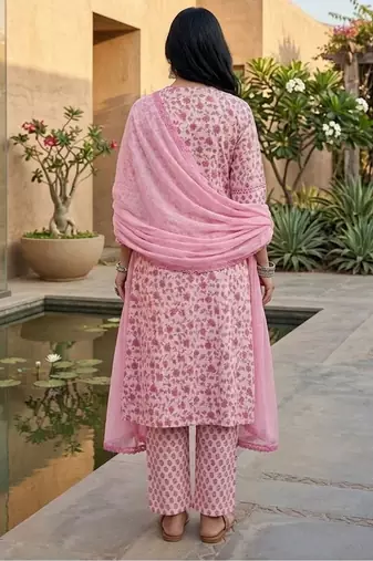 Jaipuri Floral Cotton Flared Sleeve Lace Detailed Kurta with Trouser & Dupatta