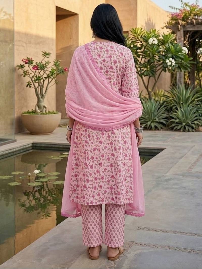 Jaipuri Floral Cotton Flared Sleeve Lace Detailed Kurta with Trouser & Dupatta