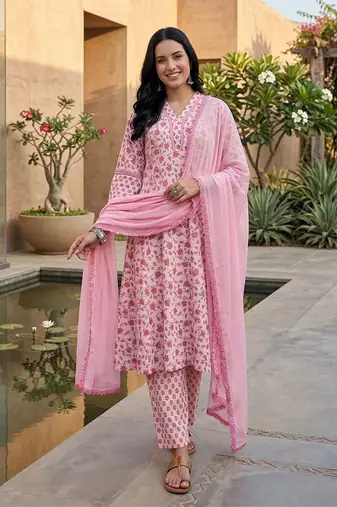 Jaipuri Floral Cotton Flared Sleeve Lace Detailed Kurta with Trouser & Dupatta
