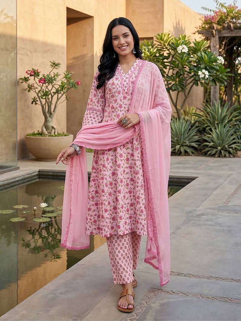 Jaipuri Floral Cotton Flared Sleeve Lace Detailed Kurta with Trouser & Dupatta