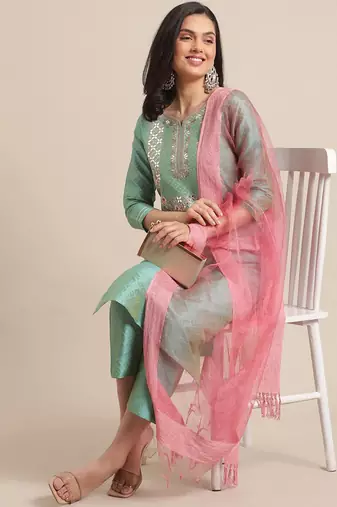Women Sea Green Thread Embroidered Yoke Textured Kurta with Trouser