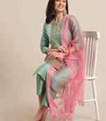 Women Sea Green Thread Embroidered Yoke Textured Kurta with Trouser