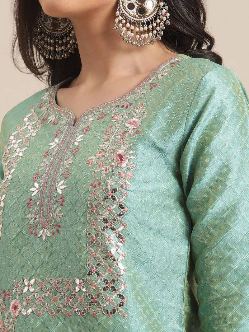 Women Sea Green Thread Embroidered Yoke Textured Kurta with Trouser