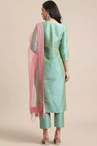 Women Sea Green Thread Embroidered Yoke Textured Kurta with Trouser