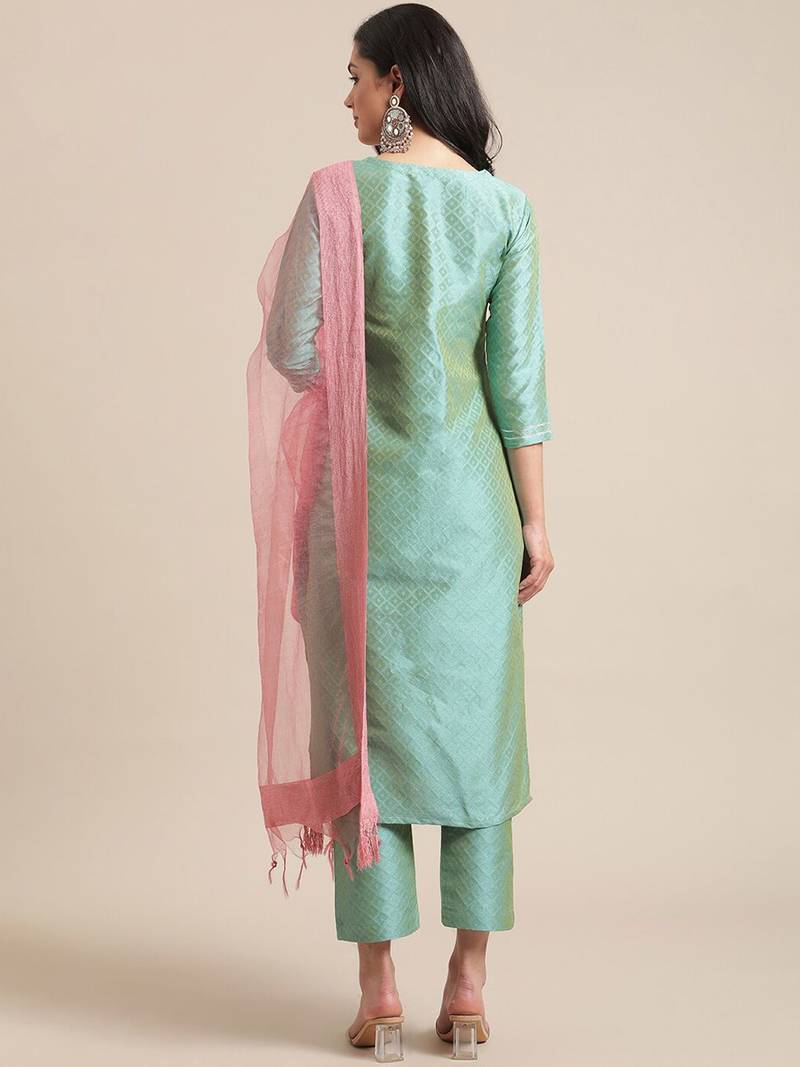 Women Sea Green Thread Embroidered Yoke Textured Kurta with Trouser