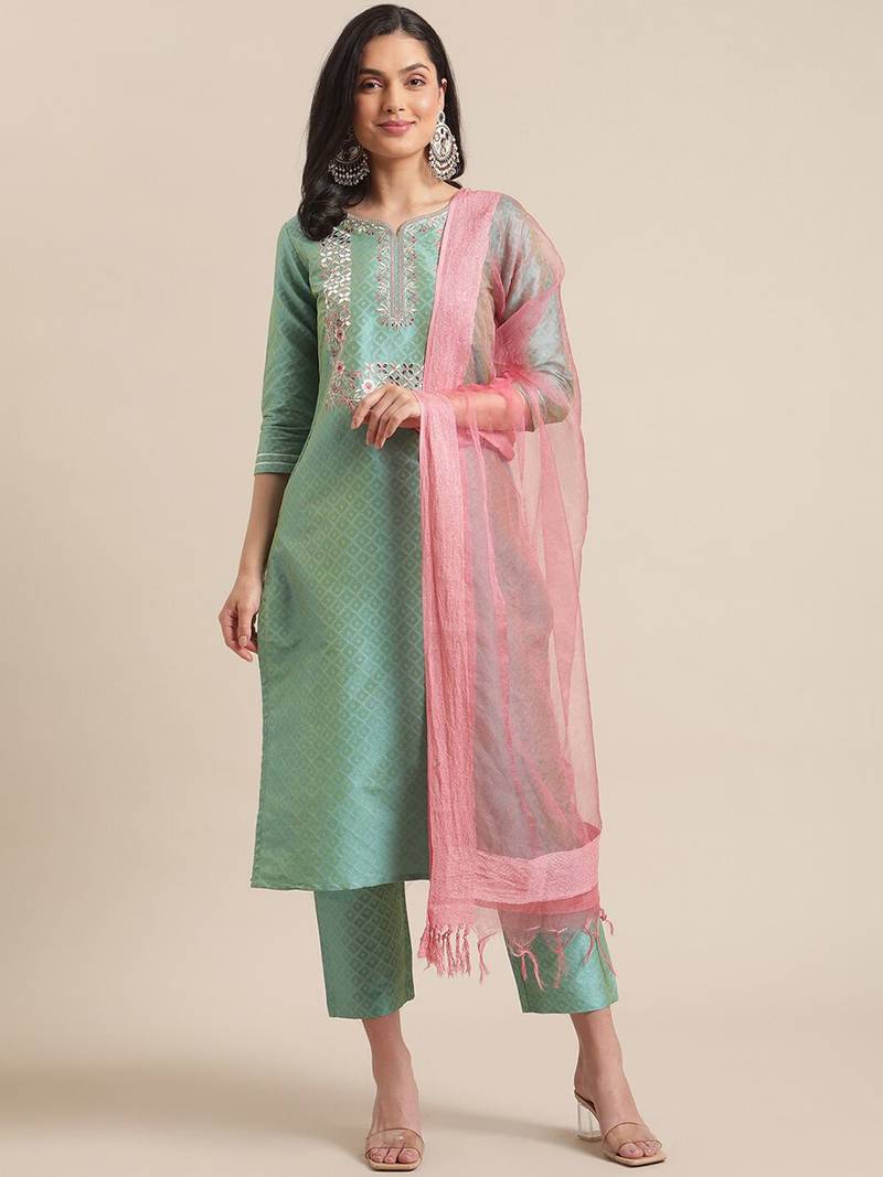 Women Sea Green Thread Embroidered Yoke Textured Kurta with Trouser