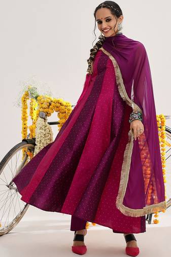 Woven Design Panelled Kurta & Trousers With Dupatta