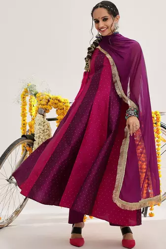 Woven Design Panelled Kurta & Trousers With Dupatta