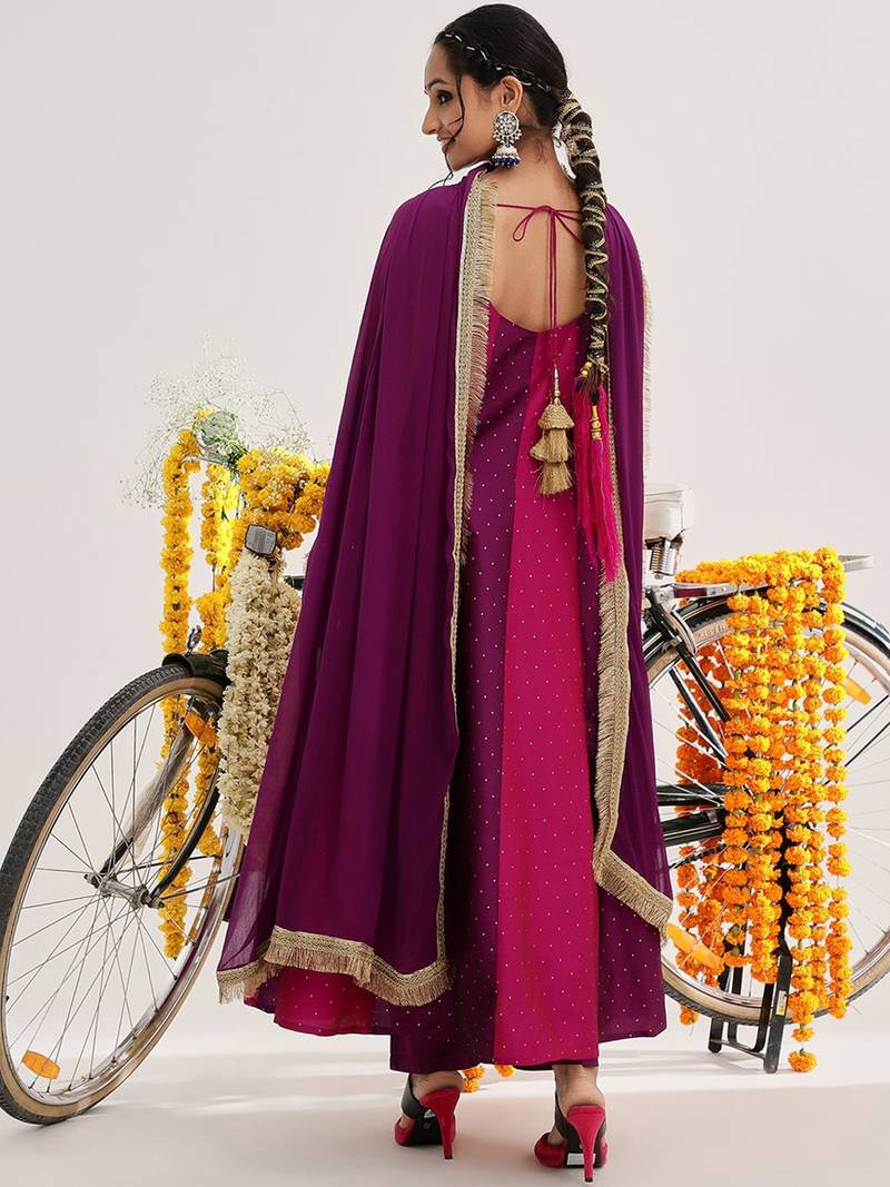 Woven Design Panelled Kurta & Trousers With Dupatta