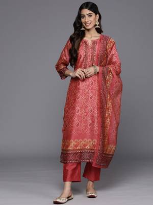 Bandhani Printed Regular Chanderi Silk Kurta with Trousers & With Dupatta 1