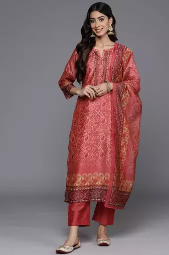 Bandhani Printed Regular Chanderi Silk Kurta with Trousers & With Dupatta