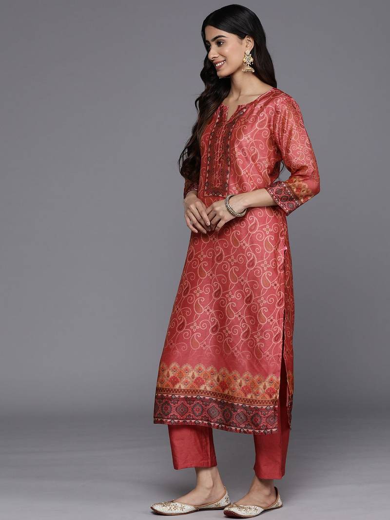 Bandhani Printed Regular Chanderi Silk Kurta with Trousers & With Dupatta